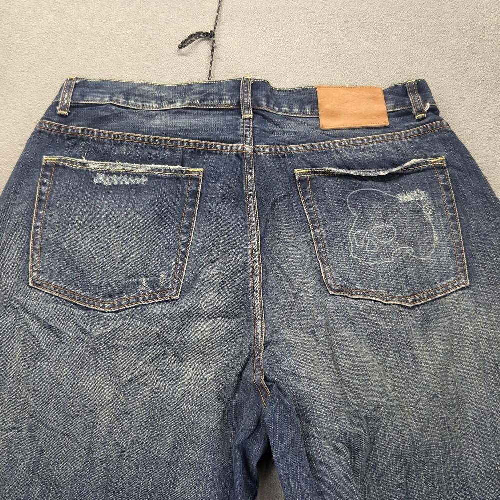 Bad Kids Jeans Mens Selvedge Blue Thrashed Honeycomb Whiskers Skull Fits 34x29 - Picture 16 of 16